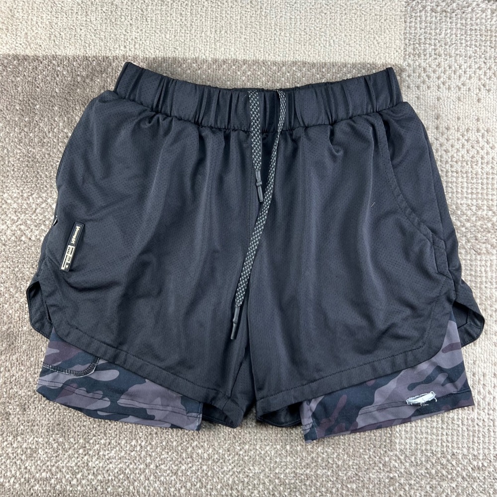 YoungLA Mens Black Camo 2-in-1 Athletic Workout Gym Shorts Size Small